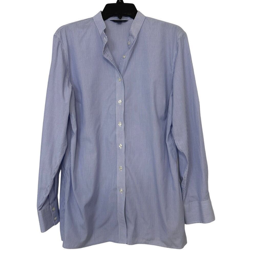 Lands End Blue & White Striped Band Collar Long Sleeve Button Up Shirt Size 14